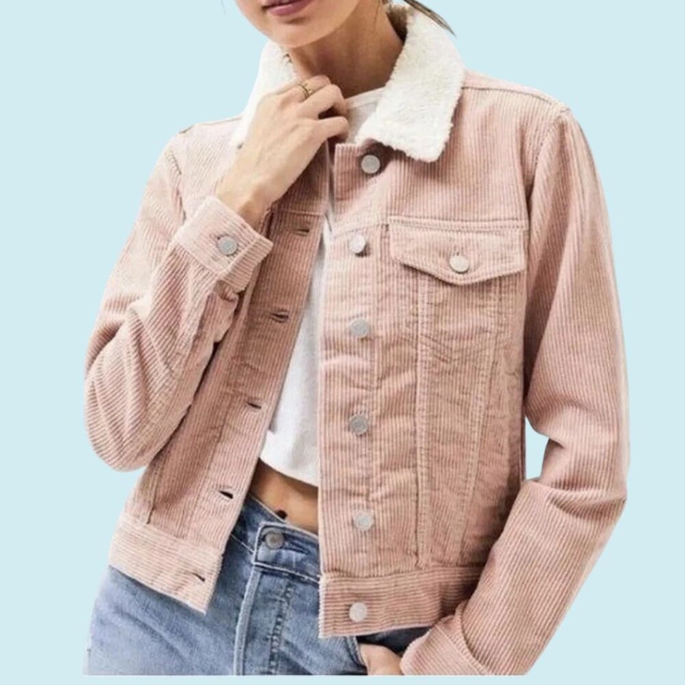 PacSun Jacket Women's Large Pink Corduroy Sherpa Lined Button Oversized Trucker